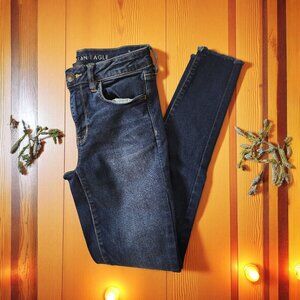 American Eagle Skinny Jeans 6 Long – Dark Wash Raw Hem Super Stretch Mid Rise